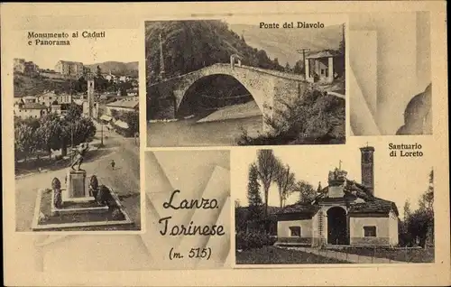 Ak Lanzo Torinese Piemonte, Monumento al Caduti, Ponte del Diavolo, Santuario di Loreto