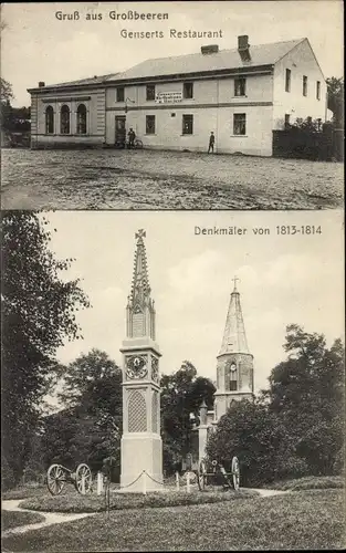 Ak Großbeeren in Brandenburg, Genserts Restaurant, Denkmäler 1813-1814