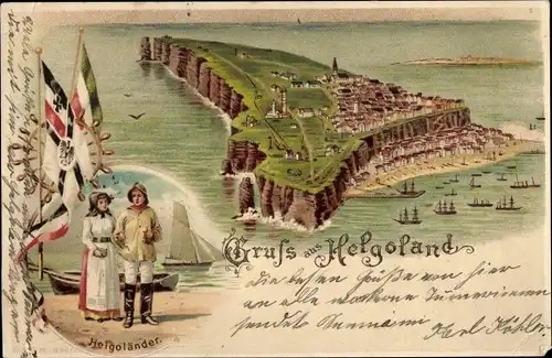 Litho Nordseeinsel Helgoland, Gesamtansicht, Paar in Tracht, Fahnen