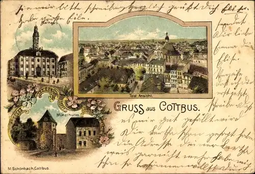 Litho Cottbus in der Niederlausitz, Rathaus, Münzturm, Panorama