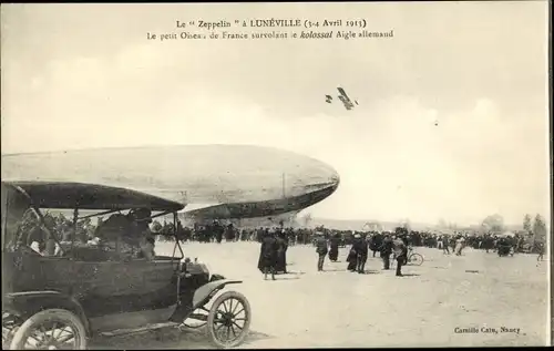 Ak Lunéville Lothringen Meurthe et Moselle, Dirigéable allemand, Zeppelin, Avion francais