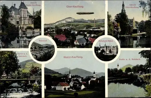 Ak Wojcieszów Kauffung an der Katzbach Niederschlesien, Zeppelin, Schloss, Bahnhof