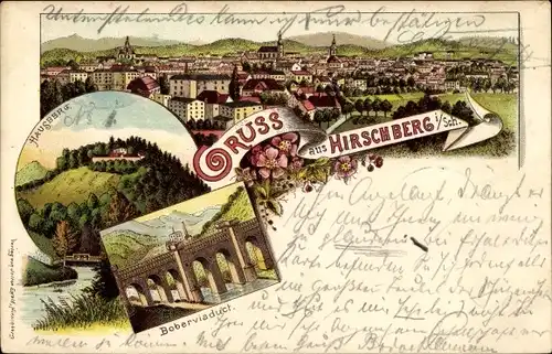 Litho Jelenia Góra Hirschberg Riesengebirge Schlesien, Boberviadukt, Hausberg, Blick auf den Ort