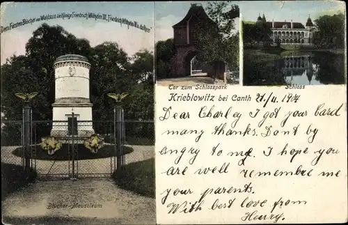Ak Krieblowitz Kąty Wrocławskie Kanth Schlesien, Blücher Denkmal, Schloss