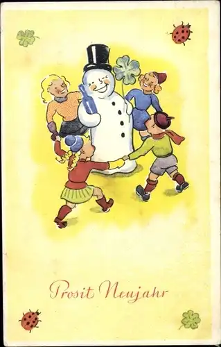 Ak Glückwunsch Neujahr, Kinder tanzen um einen Schneemann, Klee, Marienkäfer