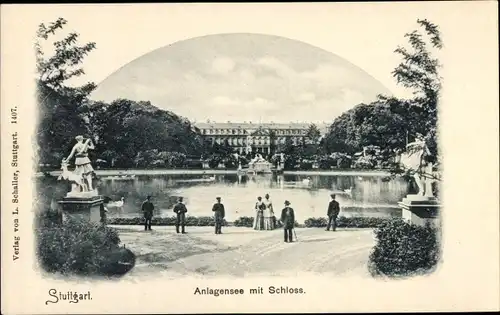 Ak Stuttgart in Württemberg, Anlagensee, Schloss, Statuen, Schwäne, Personen