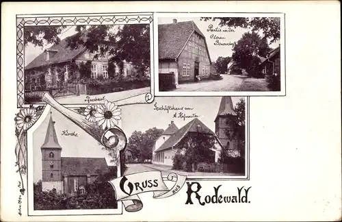 Ak Rodewald Steimbke Niedersachsen, Geschäftshaus, Kirche, Pfarrhaus