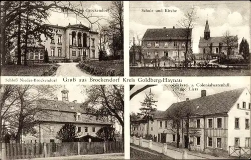 Ak Brochocin Brockendorf Zagrodno Adelsdorf Niederschlesien, Schule, Kirche, Kolonialwarenhandlung