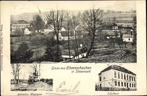 Ak Ehrenschachen Steiermark, Römisches Hügelgrab, Schule, Totalansicht