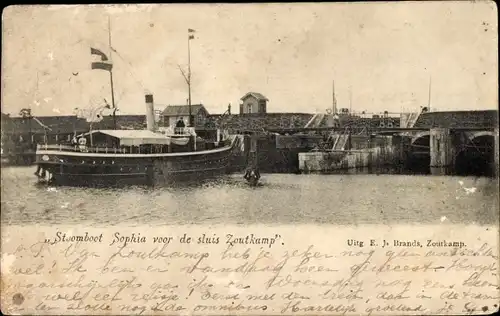 Ak Zoutkamp Groningen Niederlande, Stoomboot Sophia voor de sluis