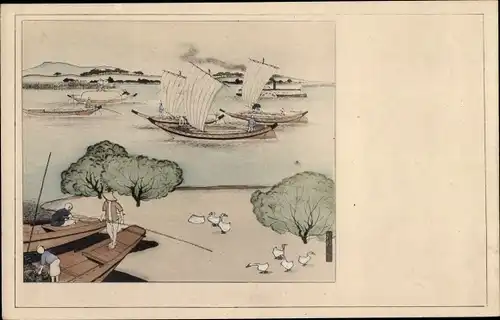 Künstler Ak Japan, Landschaft mit Booten