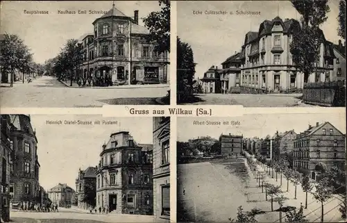 Ak Wilkau Haßlau in Sachsen, Albert-Straße, Platz, Kaufhaus Emil Schreiber, Schulstraße