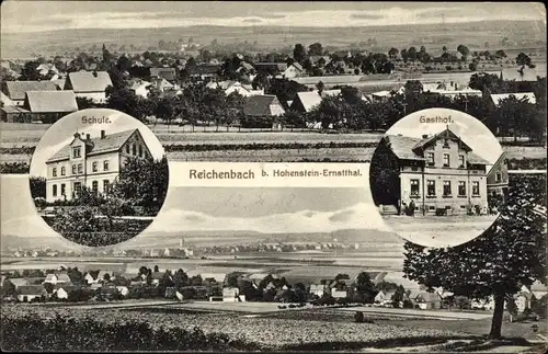 Ak Reichenbach Callenberg in Sachsen, Panorama, Schule, Gasthof