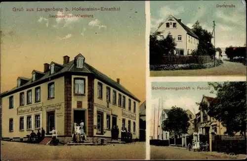 Ak Langenberg Callenberg, Gasthaus zur Wartburg, Dorfstraße, Schnittwarengeschäft Petzold