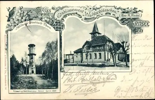 Ak Ernsee Gera in Thüringen, Etablissement Waldschlößchen, Wilhelm-Gladitsch-Turm