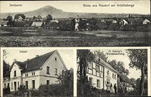 Ak Nowa Wieś Grodziska Neudorf am Gröditzberg, Warenhandlung, Schule, Teilansicht