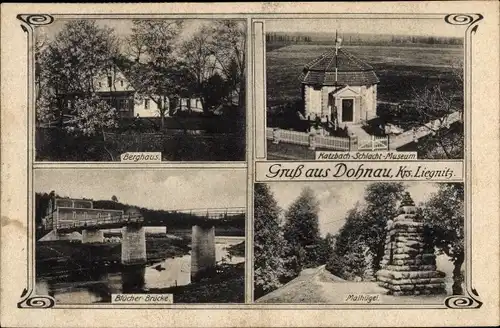 Ak Dunino Dohnau in Schlesien, Katzbach-Schlacht-Museum, Malhügel, Blücher-Brücke, Berghaus