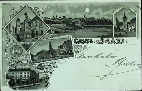 Mondschein Litho Žatec Saaz Region Aussig, Kirche, Ringplatz, Schule