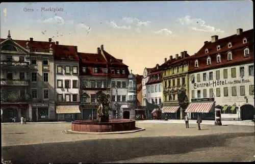 Ak Gera in Thüringen, Marktplatz, Brunnen, Apotheke, Central-Hotel, früher Hotel Ross