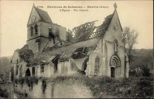 Ak Mercin Aisne, zerstörte Kirche