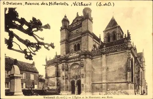 Ak Vétheuil Val-d´Oise, l'Eglise, le Monument aux Morts