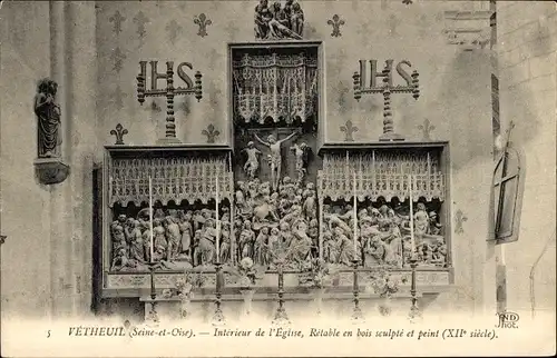 Ak Vétheuil Val-d´Oise, Intérieur de l´Église, Rétable en bois sculpté (XIIe siècle)