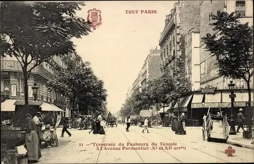 Ak Paris XI., Kreuzung von Faubourg de Temple zur Avenue Parmentier