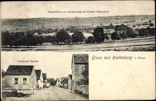 Ak Reutenburg Bas Rhin, Totale mit Kloster Reinackern, Gasthof Bastian