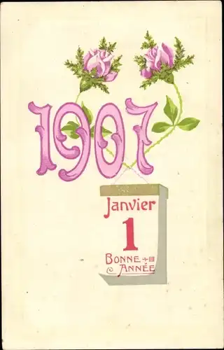 Präge Ak Glückwunsch Neujahr 1907, Kalender, Rosen
