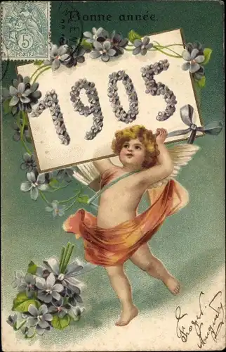 Präge Litho Glückwunsch Neujahr, Engel, Jahreszahl 1905, Veilchen
