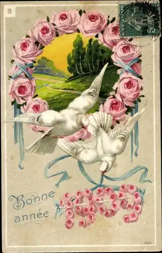 Präge Ak Glückwunsch Neujahr 1909, Tauben, Rosen