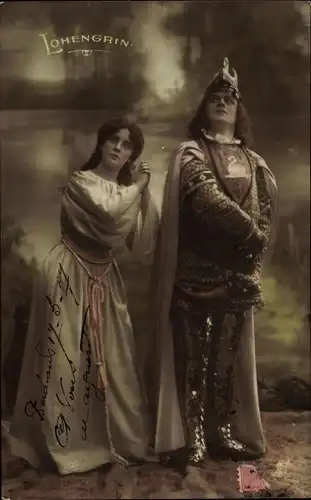 Ak Theaterszene, Schauspieler, Lohengrin, Ritter, Frau