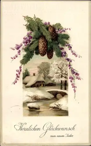 Ak Glückwunsch Neujahr, Winterlandschaft, Tannenzweige