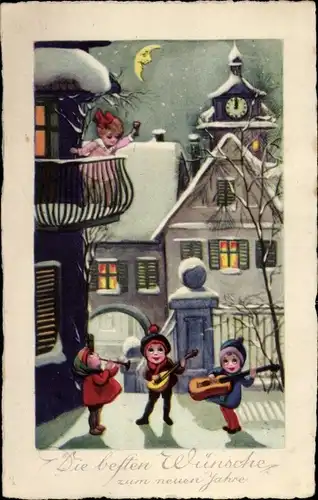 Ak Glückwunsch Neujahr, Musizierende Kinder, Ortschaft im Winter