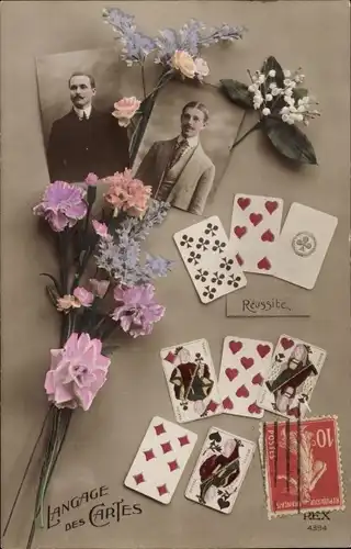 Ak Kartenspiel, Spielfiguren, Männer-Portraits, Blumen