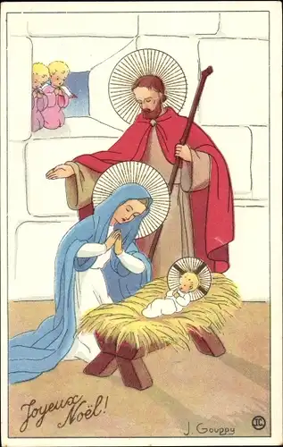 Künstler Ak Gouppy, J., Glückwunsch Weihnachten, Maria, Josef, Jesuskind