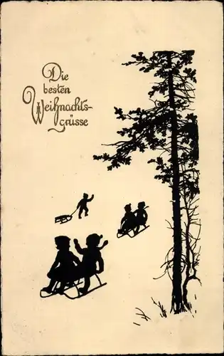 Scherenschnitt Ak Glückwunsch Weihnachten, Kinder fahren Schlitten