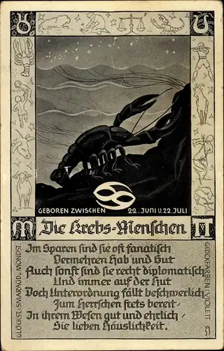 Ak Sternzeichen Krebs, Cancer, 22. Juni bis 22. Juli