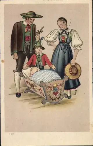 Ak Familie in bayrischen Volkstrachten, Baby, Familienbild