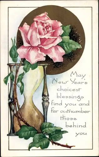 Präge Litho Glückwunsch Neujahr, Rose, Sanduhr