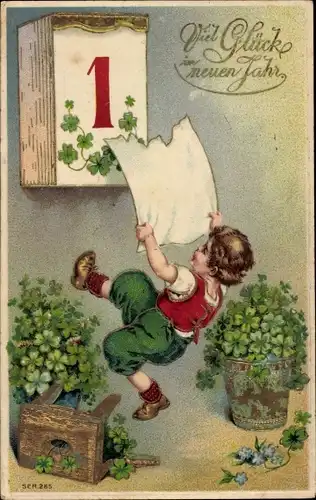 Präge Ak Glückwunsch Neujahr, Kalender, Kind, Glücksklee