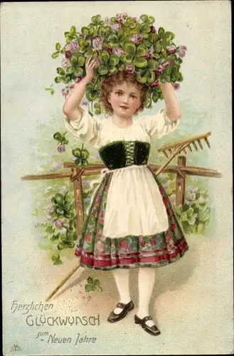 Ak Glückwunsch Neujahr, Mädchen in Tracht, Portrait, Glücksklee