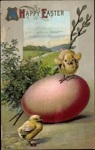 Präge Ak Glückwunsch Ostern, Osterei, Küken, Weidenkätzchen