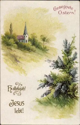 Ak Glückwunsch Ostern, Kirche, Kirchturm, Strauch