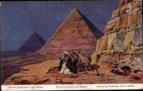 Künstler Ak Ägypten, Bei den Pyramiden in der Wüste