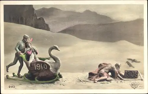 Ak Glückwunsch Neujahr, Jahreszahlen 1909, 1910, Schlitten in Form eines Schwanes