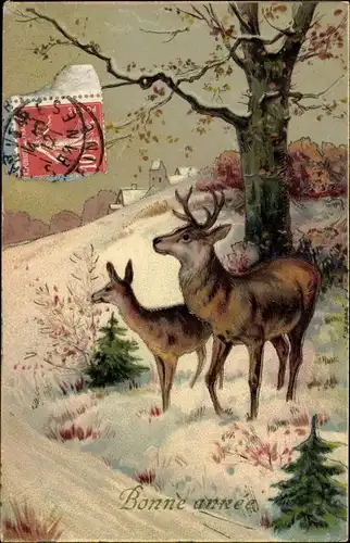 Ak Glückwunsch Neujahr, Hirsch, Reh, Tannenbaum, Schnee