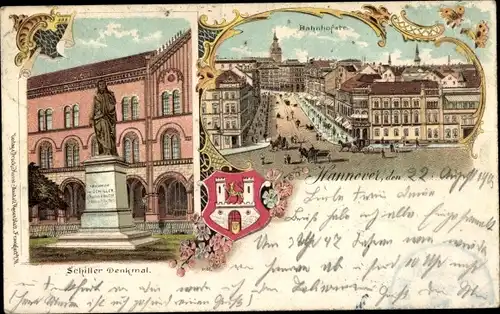 Litho Hannover, Bahnhofstraße, Schiller Denkmal, Wappen