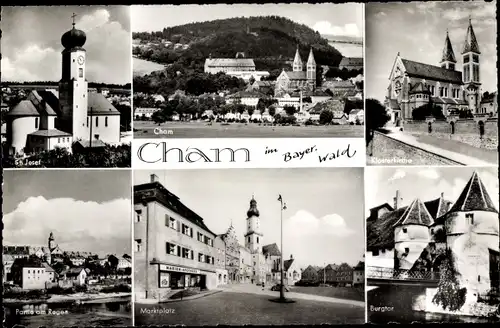 Ak Cham in der Oberpfalz, Marktplatz, Burgtor, Klosterkirche, St. Josef