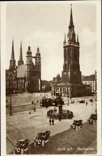Ak Halle Saale, Blick auf den Marktplatz, Händeldenkmal, Autos, Kirche